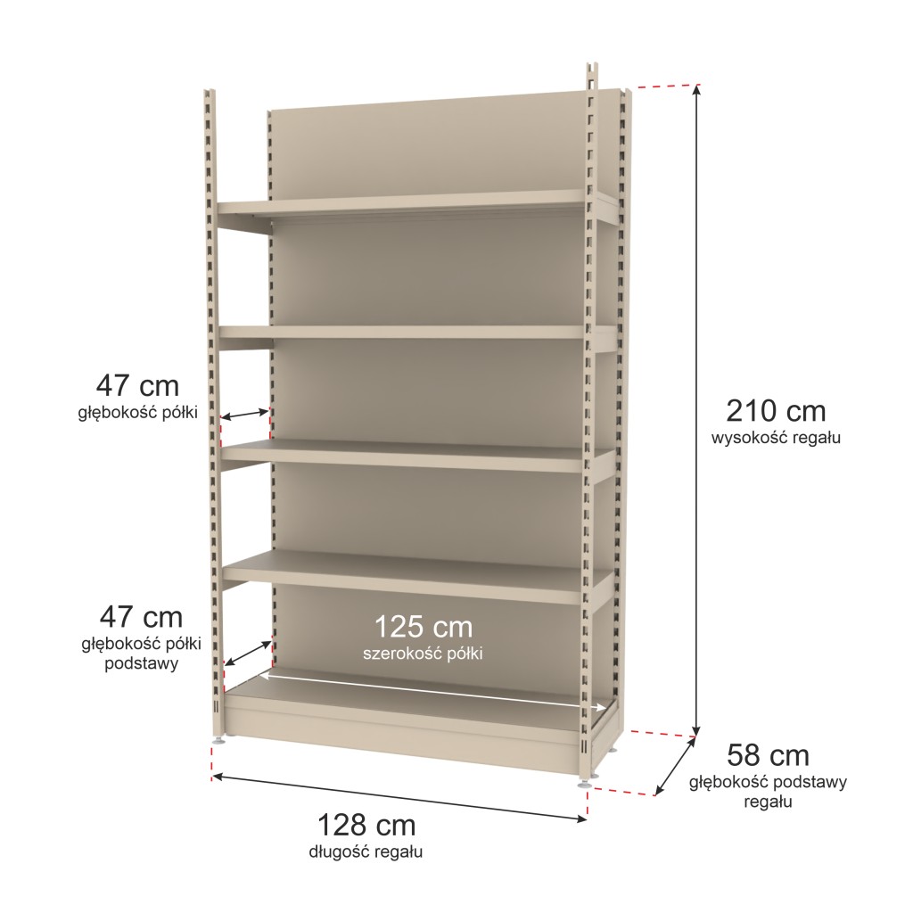 Regał sklepowy wzmocniony przyścienny Mago H-210 cm L-128 cm G-47 cm moduł bazowy kremowy MPP000794