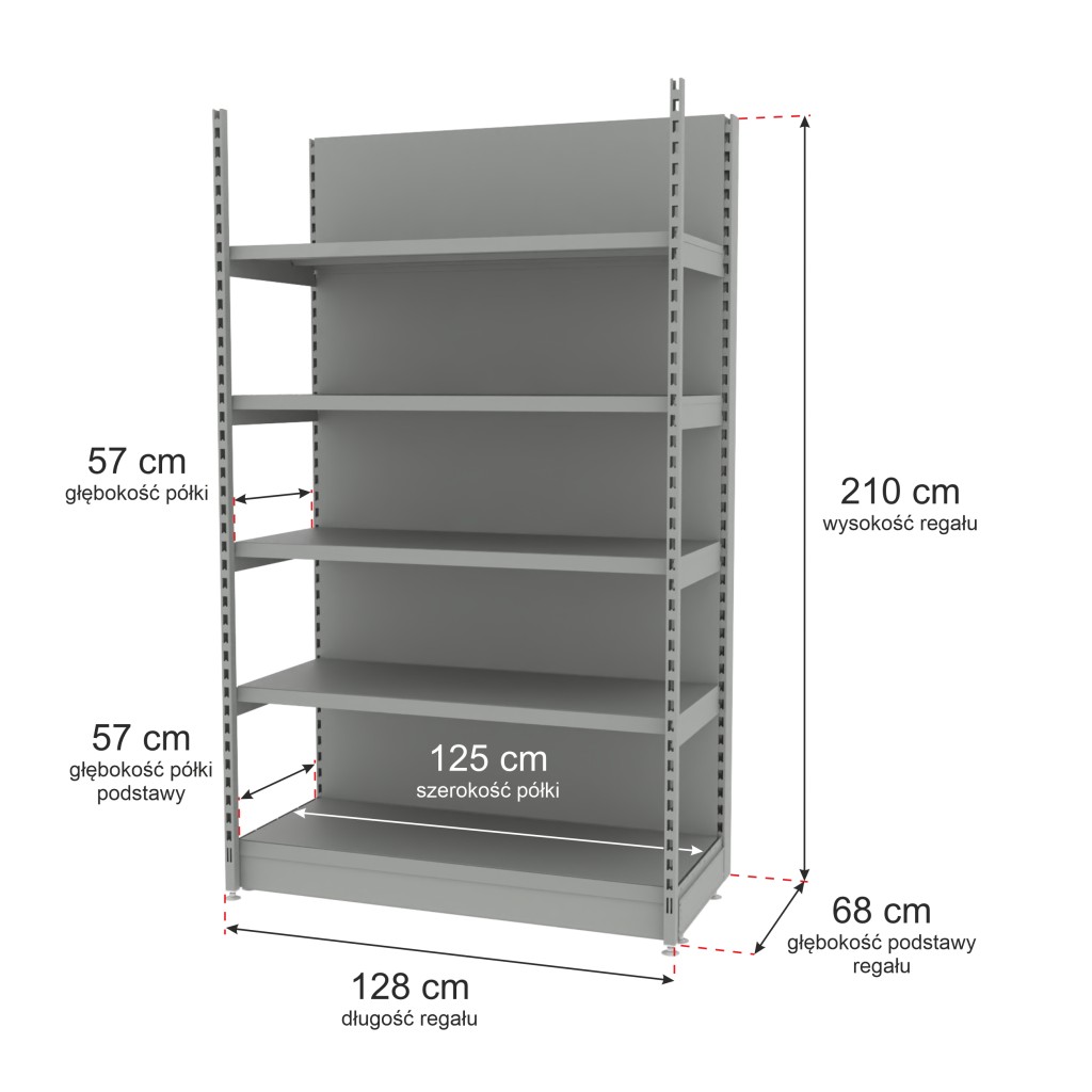 Regał sklepowy wzmocniony przyścienny Mago H-210 cm L-128 cm G-57 cm moduł bazowy jasny szary mpp000806