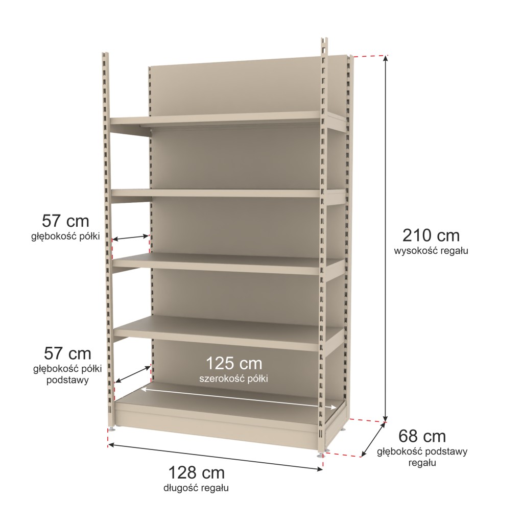 Regał sklepowy wzmocniony przyścienny Mago H-210 cm L-128 cm G-57 cm moduł bazowy kremowy MPP000798
