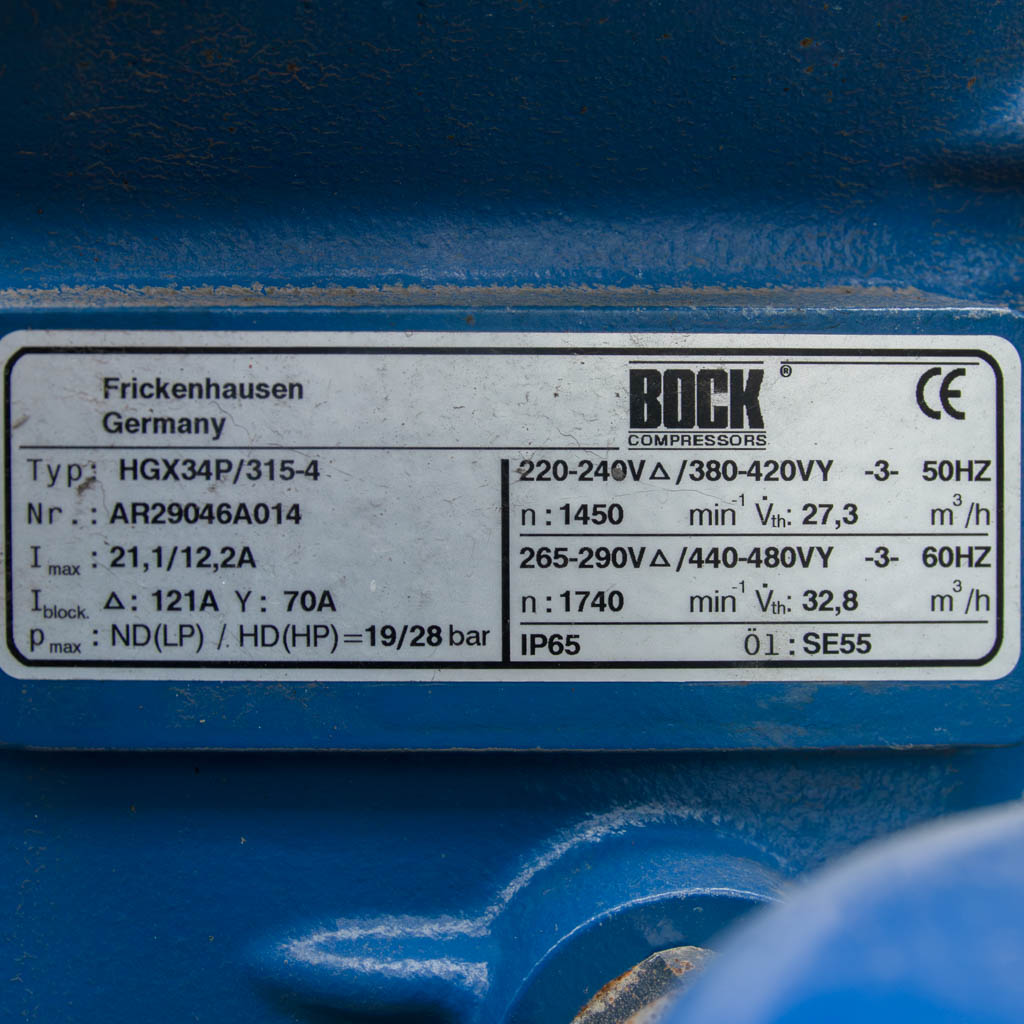 Zestaw sprężarkowy BOCK 2x sprężarka HGX34P315-4 wydajność 2×27,3 m3h MPP000861 tabliczka znamionowa