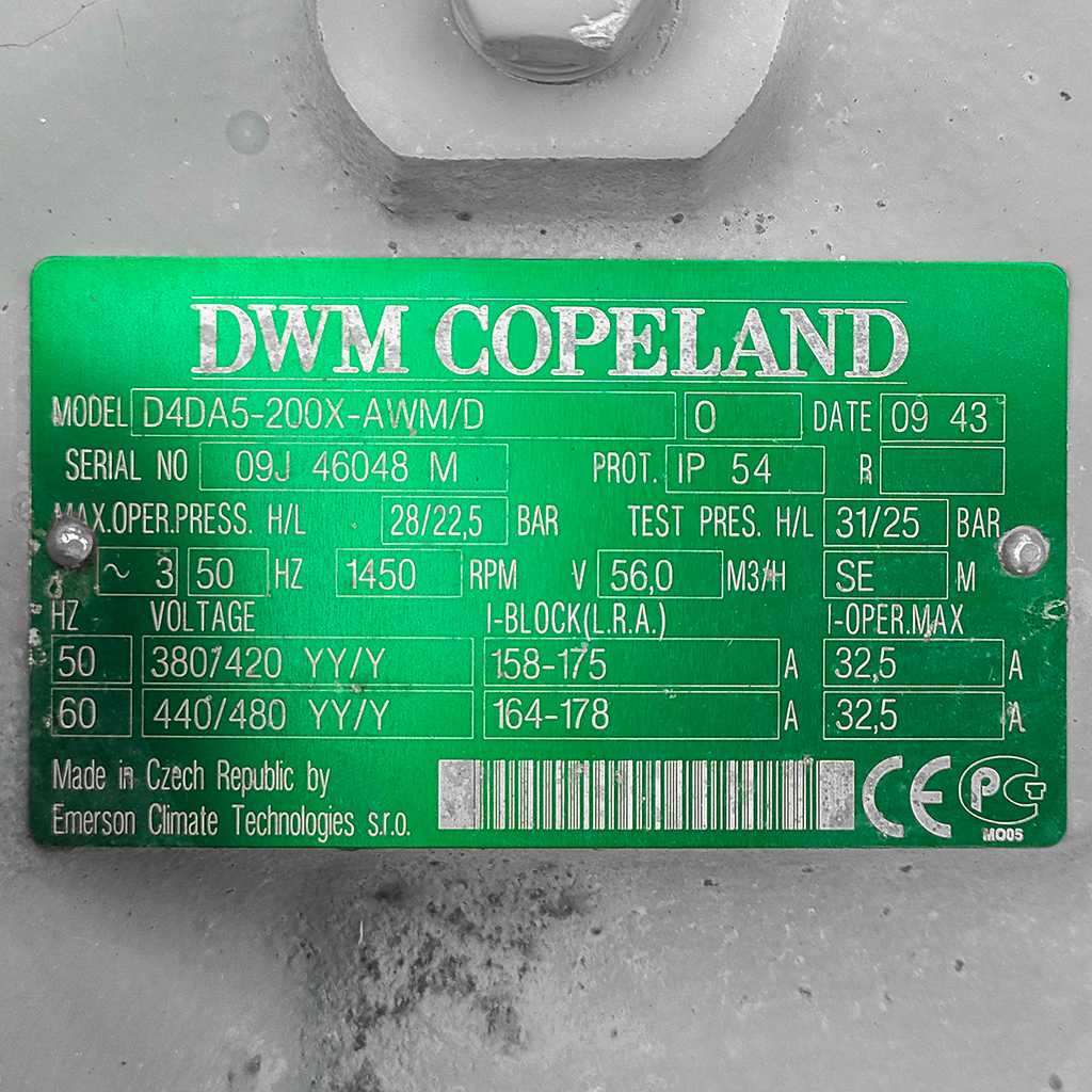 Zestaw sprężarkowy COPELAND 3x D4DA5-200X-AWMD + sprężarka D4DA3-200X-AWMD wydajność 4x56 m3h mpp000851 tabliczka znamionowa