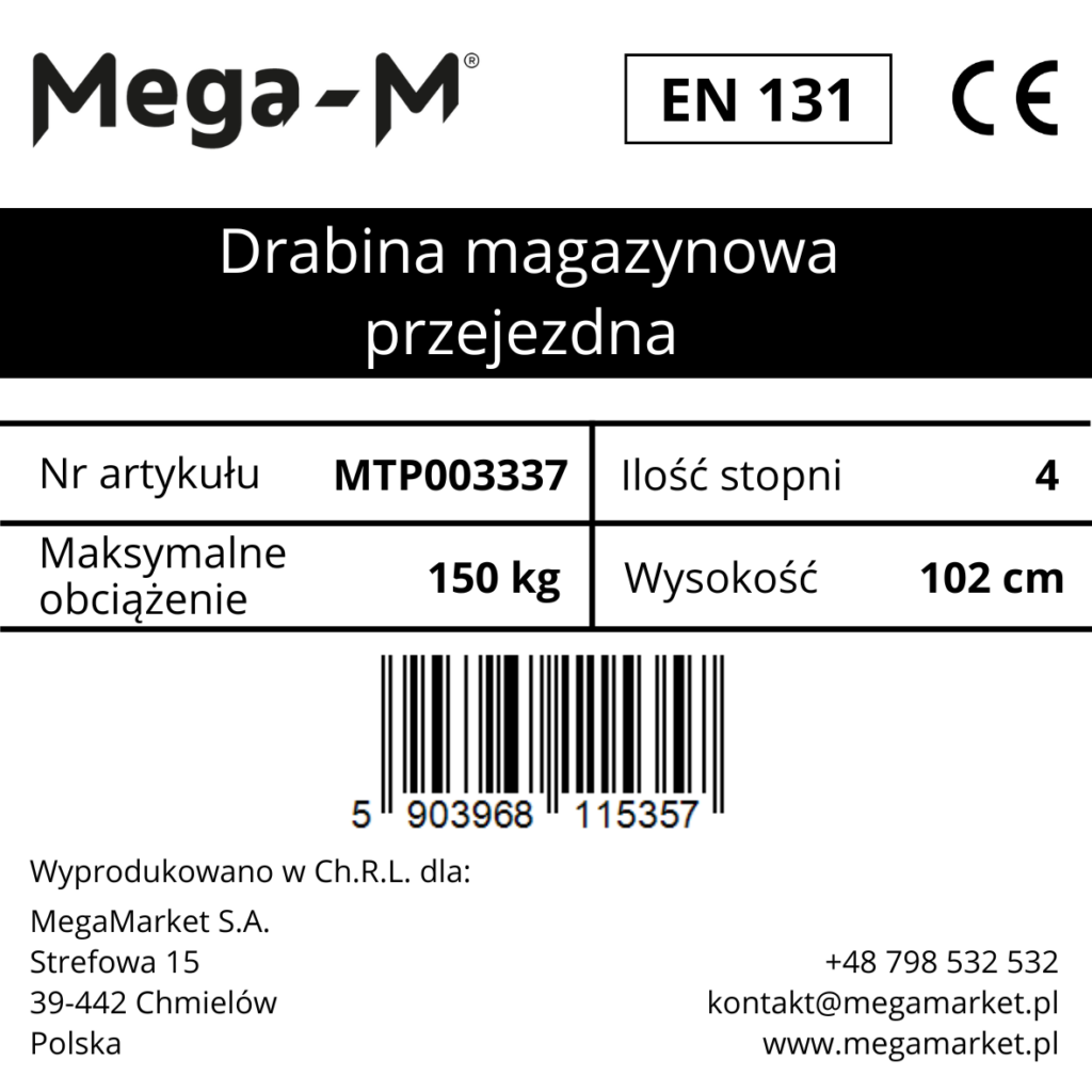 Drabina magazynowa przejezdna pomost magazynowy Mega-M H 102 cm 4 stopnie