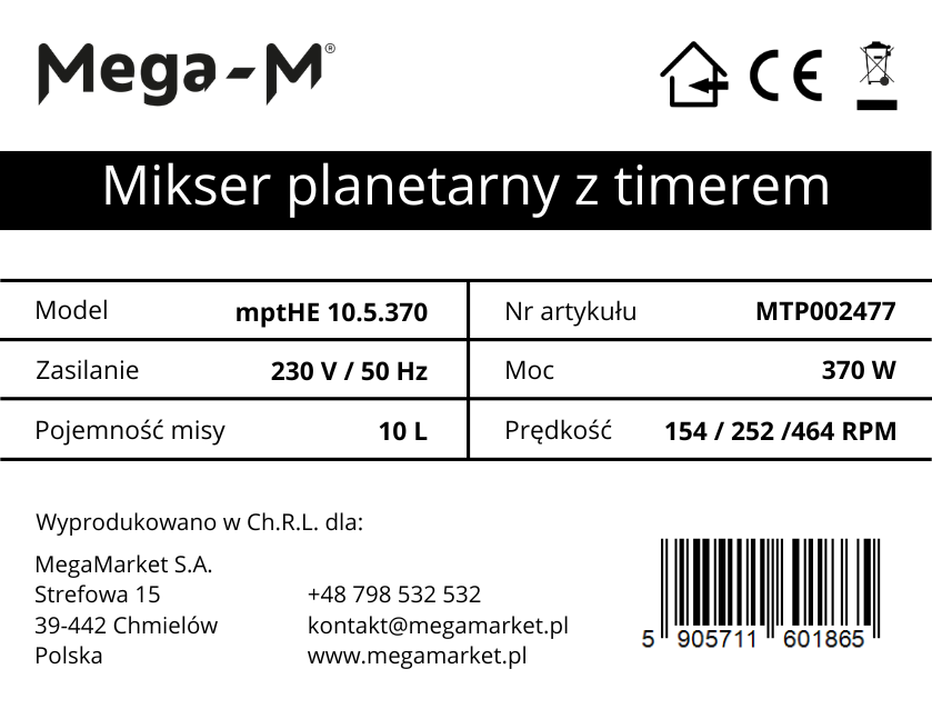 Mikser planetarny tabliczka znamionowa