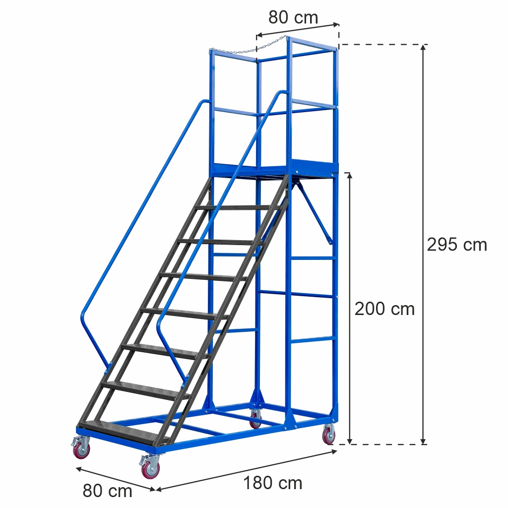 Drabina magazynowa przejezdna pomost magazynowy Mega-M STANDARD H-200 cm 8 stopni wymiarowanie