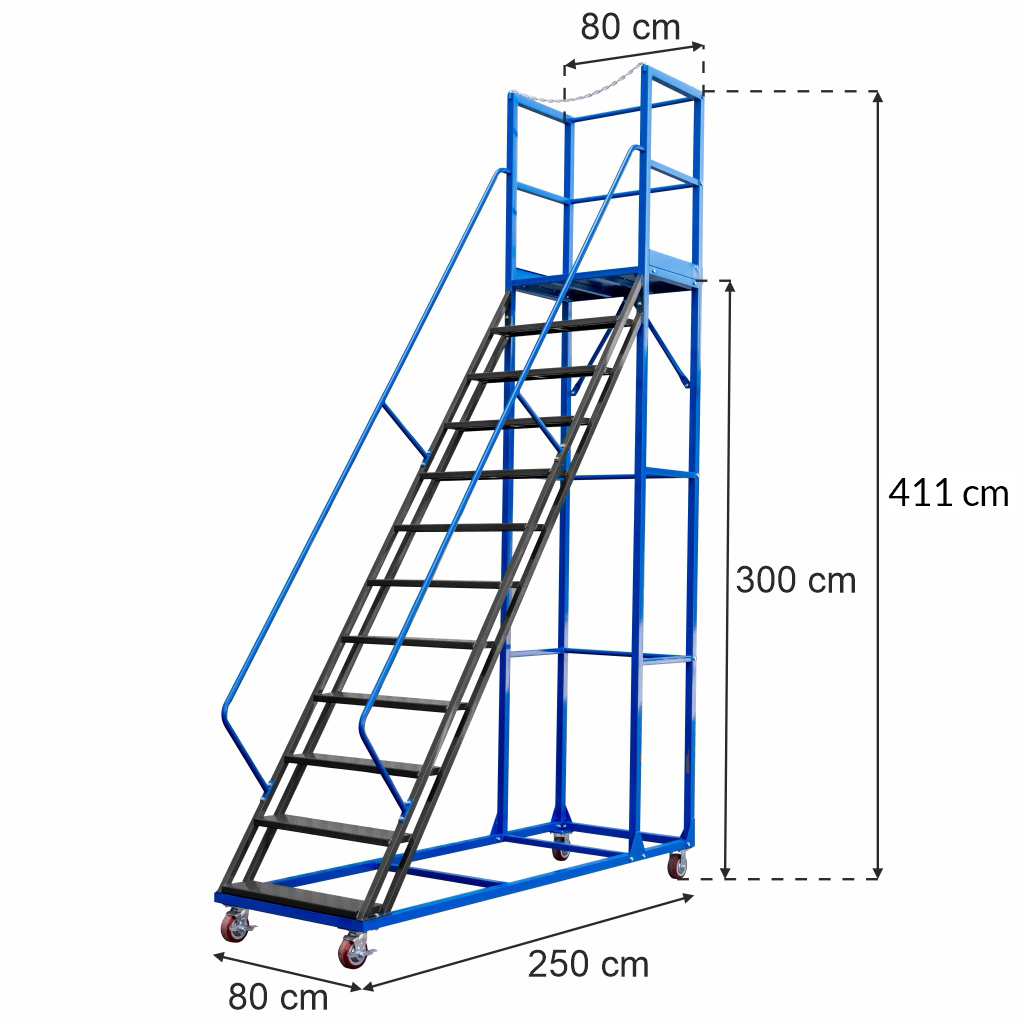 Drabina magazynowa przejezdna pomost magazynowy Mega-M Standard H 300 cm 12 stopni wymiarowanie