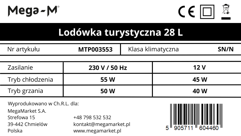 Lodówka turystyczna 28 L tabliczka znamionowa MTP003553