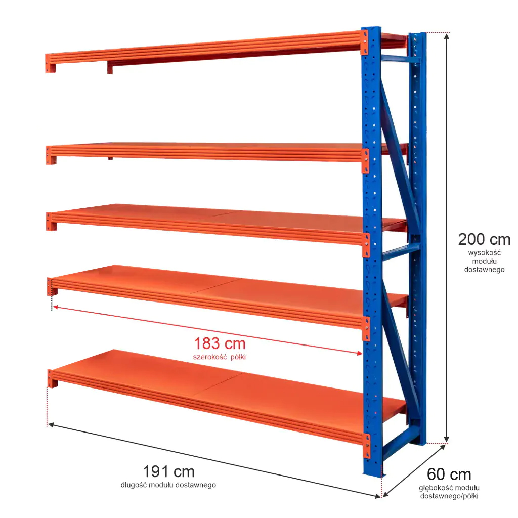 Regał magazynowy 5-półkowy Mega-M FORTIS LIGHT 200x191x60 cm moduł dostawny mpp000902 wymiarowanie