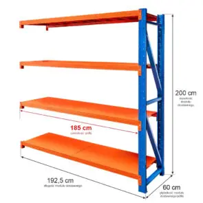 Regał metalowy magazynowy 4-półkowy Mega-M FORTIS LIGHT H-200 cm L-192.5 cm G-60 cm moduł dostawny