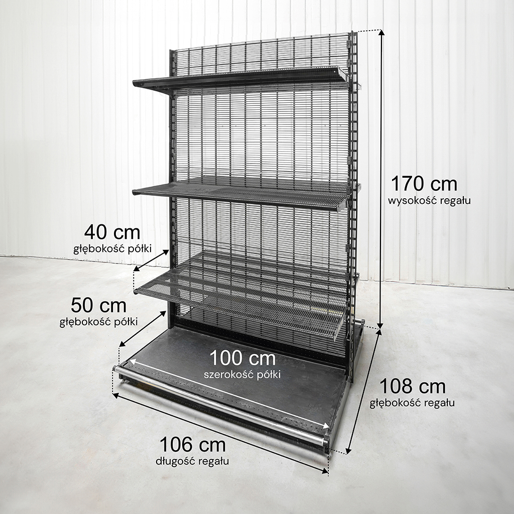 Regał sklepowy WIRELAND Solid York gondola H-170 cm L-106 cm 6 półek tył kratowany moduł bazowy