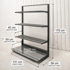 Zdjęcie produktu: Regał sklepowy WIRELAND Solid York przyścienny H-170 cm L-131 cm 3 półki tył poliwęglan moduł bazowy