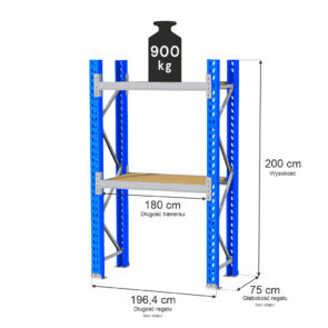 Regał magazynowy 2-półkowy MAGO HX H-200 cm G-75 cm L- 196.4 cm moduł bazowy 900 kg niebiesko-szary