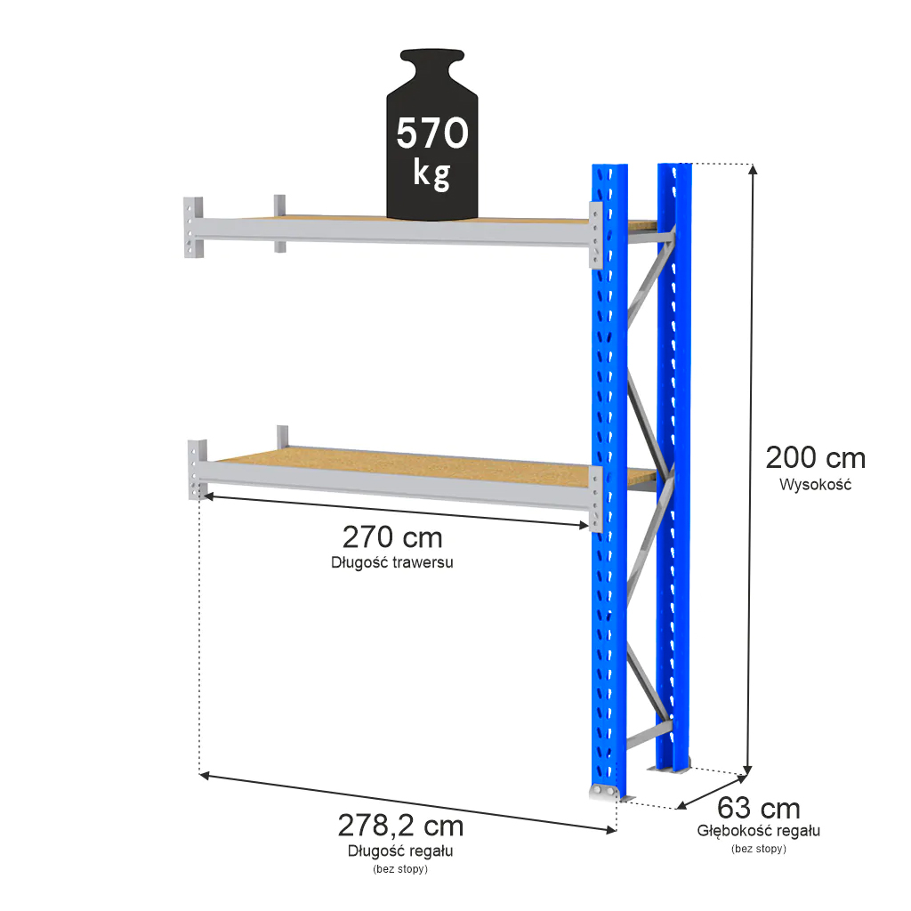 Regał magazynowy 2-półkowy MAGO HX H-200 cm G-63 cm L-278.2 cm moduł dostawny 570 kg niebiesko-szary mpp001034