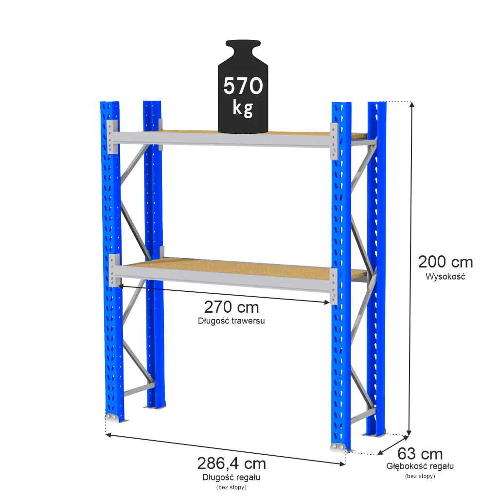 Regał magazynowy 2-półkowy MAGO HX H-200 cm G-63 cm L- 286.4 cm moduł bazowy 570 kg niebieski MPP001026