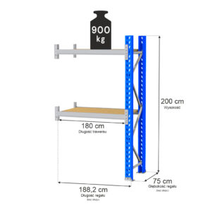 Regał magazynowy 2-półkowy MAGO HX H-200 cm G-75 cm L-188.2 cm moduł dostawny 900 kg niebiesko-szary