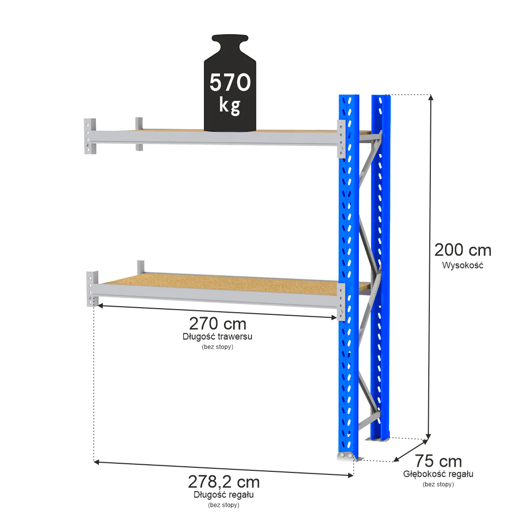 Regał magazynowy 2-półkowy MAGO HX H-200 cm G-75 cm L-278.2 cm moduł dostawny 570 kg niebiesko-szary MPP001040 wymiarowanie