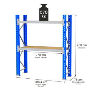 Regał magazynowy 2-półkowy MGL MAGO HX H-200 cm L- 286.4 cm G-75 cm 570 kg moduł bazowy niebiesko-szary