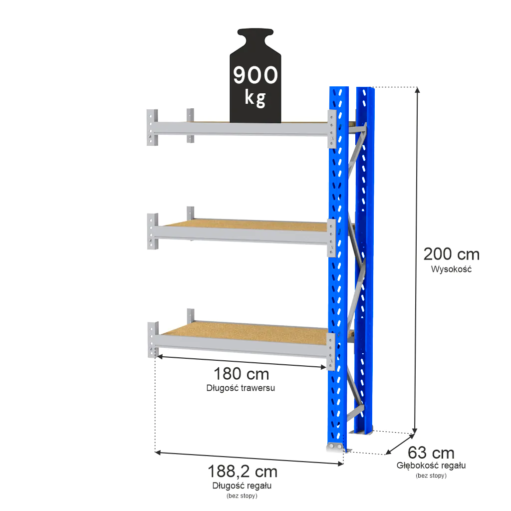 Regał magazynowy 3-półkowy MAGO HX H-200 cm G-63 cm L-188.2 cm moduł dostawny 900 kg niebiesko-szary MPP001043