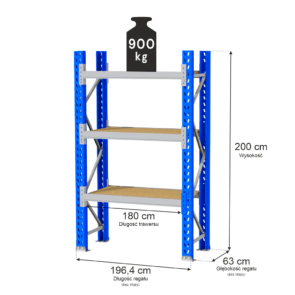 Regał magazynowy 3-półkowy MAGO HX H-200 cm G-63 cm L-196.4 cm moduł bazowy 900 kg niebiesko-szary