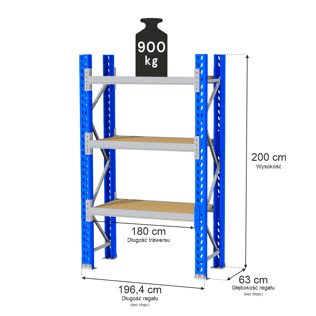 Regał magazynowy 3-półkowy MAGO HX H-200 cm G-63 cm L-196.4 cm moduł bazowy 900 kg niebiesko-szary MPP001044