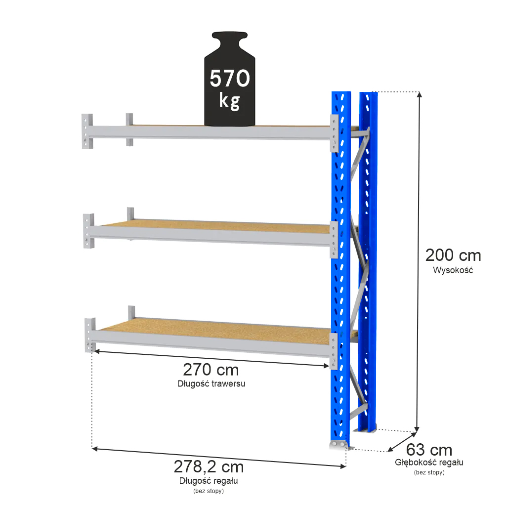 Regał magazynowy 3-półkowy MAGO HX H-200 cm G-63 cm L-278.2 cm moduł dostawny 570 kg niebiesko-szary MPP001048