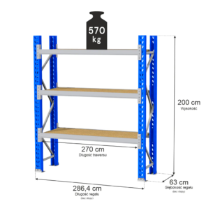Regał magazynowy 3-półkowy MGL MAGO HX H-200 cm L-286.4 cm G-63 cm 570 kg moduł bazowy niebiesko-szary
