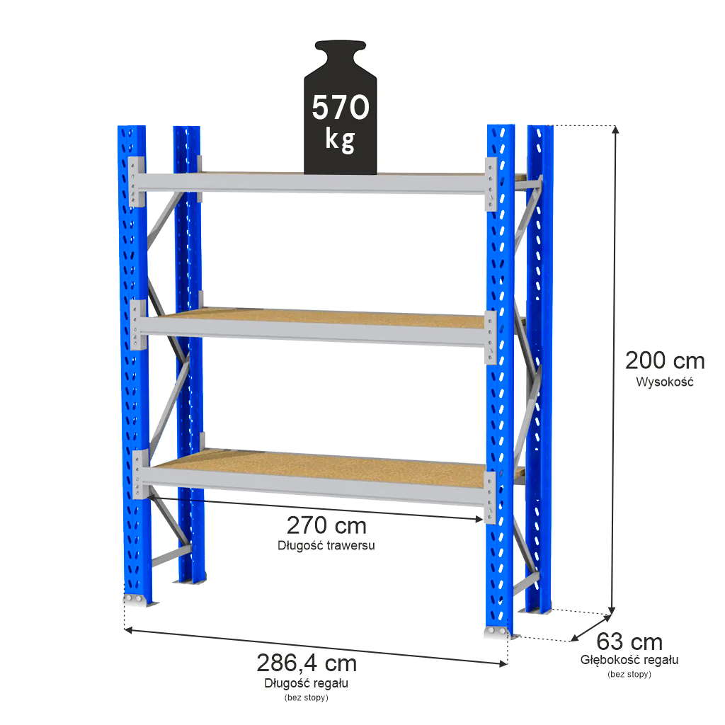 Regał magazynowy 3-półkowy MAGO HX H-200 cm G-63 cm L-286.4 cm moduł bazowy 570 kg niebiesko-szary MPP001046