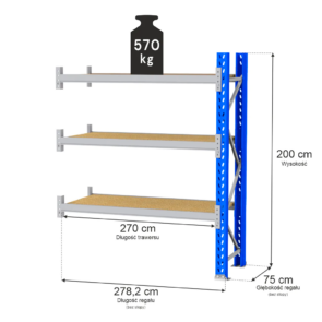 Regał magazynowy 3-półkowy MGL MAGO HX H-200 cm L-278.2 cm G-75 cm 570 kg moduł dostawny niebiesko-szary