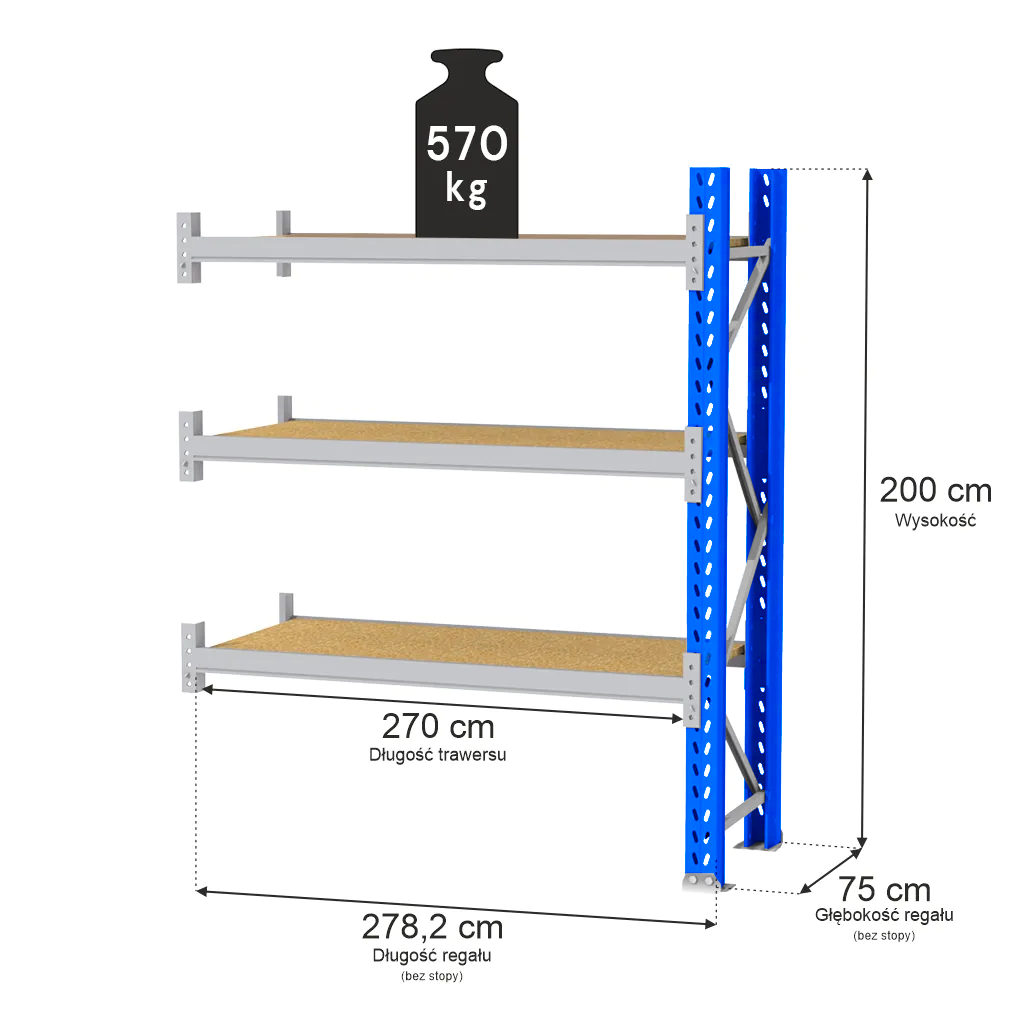 Regał magazynowy 3-półkowy MAGO HX H-200 cm G-75 cm L-278.2 cm moduł dostawny 570 kg niebiesko-szary MPP001053