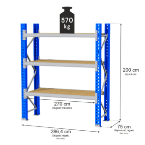 Regał magazynowy 3-półkowy MGL MAGO HX H-200 cm L-286.4 cm G-75 cm 570 kg moduł bazowy niebiesko-szary