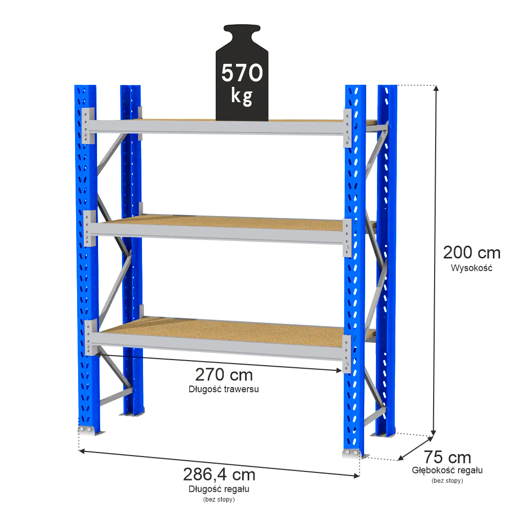 Regał magazynowy 3-półkowy MAGO HX H-200 cm G-75 cm L-286.4 cm moduł bazowy 570 kg niebiesko-szary MPP001051