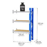 Zdjęcie produktu: Regał magazynowy 3-półkowy MGL MAGO HX H-200 cm L-188.2 cm G-63 cm 550 kg moduł dostawny niebiesko-szary