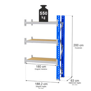 Regał magazynowy 3-półkowy MGL MAGO HX H-200 cm L-188.2 cm G-63 cm 550 kg moduł dostawny niebiesko-szary