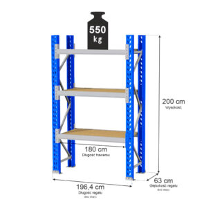 Regał magazynowy 3-półkowy MGL MAGO HX H-200 cm L-196.4 cm G-63 cm 550 kg moduł bazowy niebiesko-szary