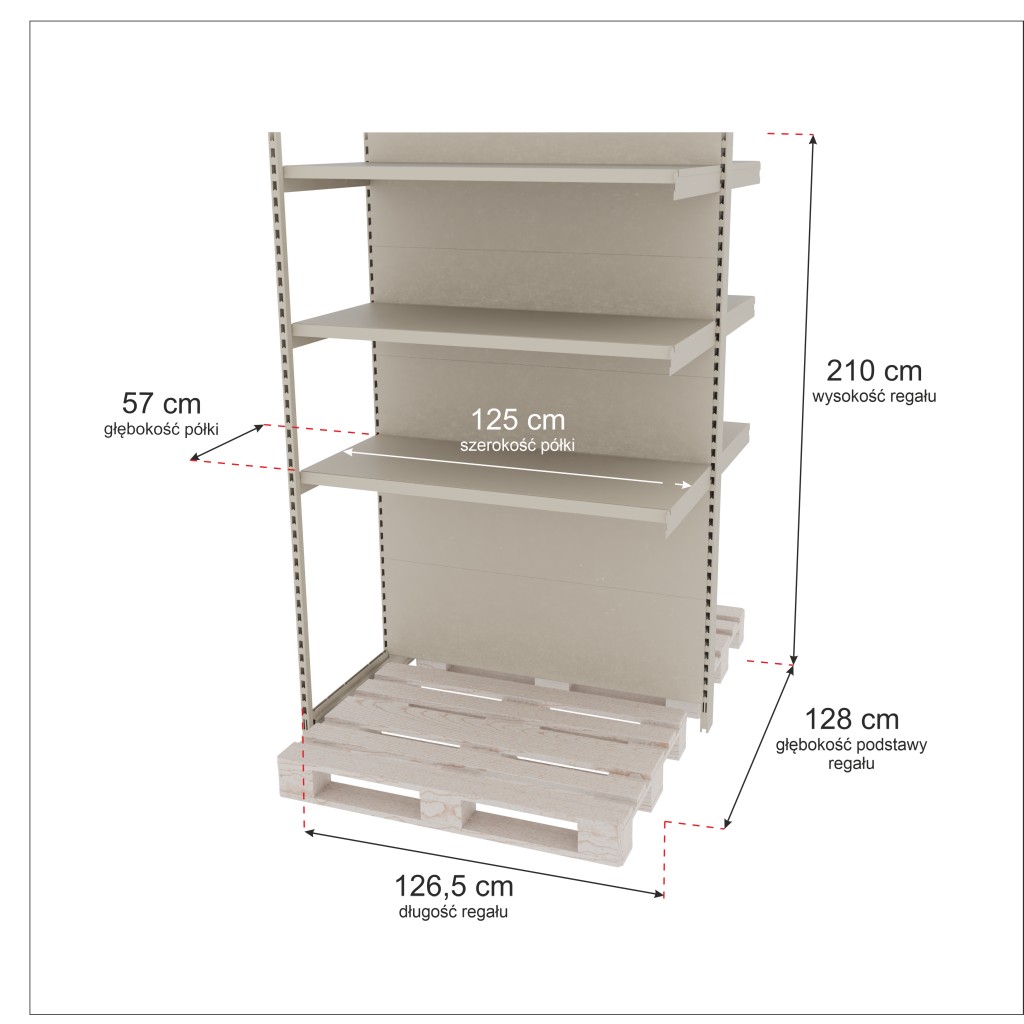 Regał sklepowy wzmacniany gondola do palety Mago H-210 cm L-126,5 cm G-128 cm moduł dostawny kremowy MPP001070