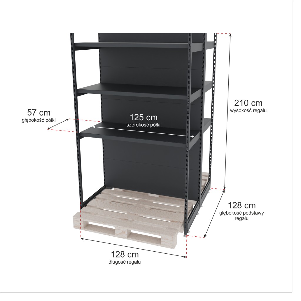 Regał sklepowy wzmacniany gondola do palety Mago H-210 cm L-128 cm G-128 cm moduł bazowy grafitowy mpp001065