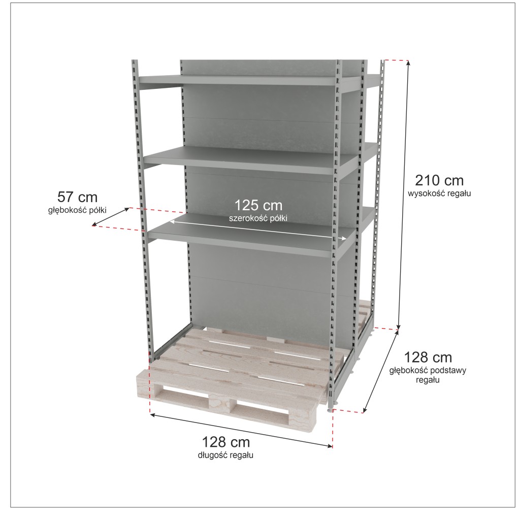Regał sklepowy wzmacniany gondola do palety Mago H-210 cm L-128 cm G-128 cm moduł bazowy jasny szary mpp001066