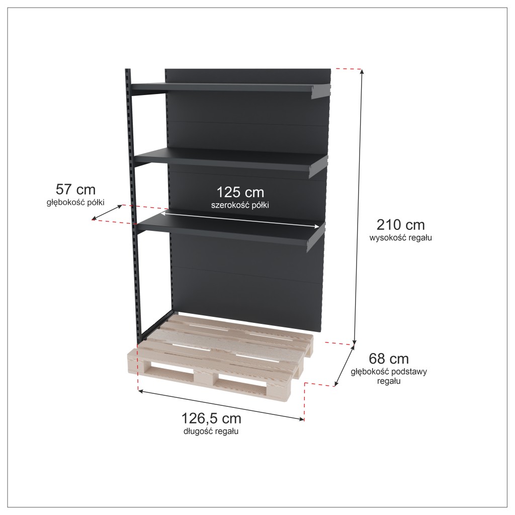 Regał sklepowy wzmocniony przyścienny do palety Mago H-210 cm L-126,5 cm G-68 cm moduł dostawny grafitowy mpp001062