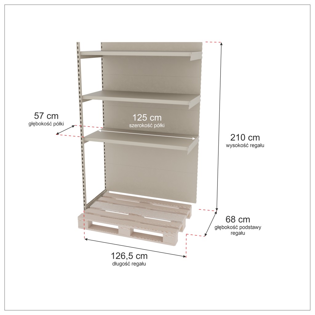 Regał sklepowy wzmocniony przyścienny do palety Mago H-210 cm L-126,5 cm G-68 cm moduł dostawny kremowy MPP001064