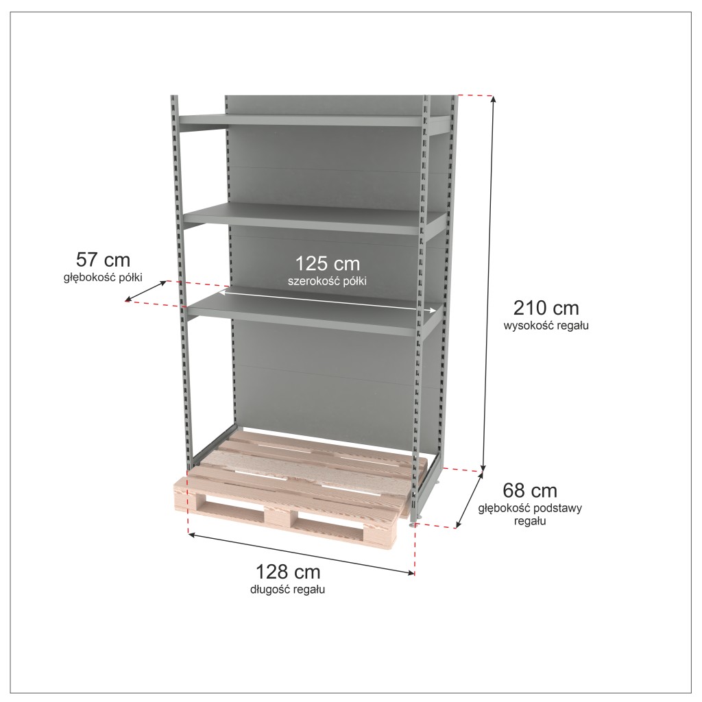 Regał sklepowy wzmocniony przyścienny do palety Mago H-210 cm L-128 cm G-68 cm moduł bazowy jasny szary mpp001060