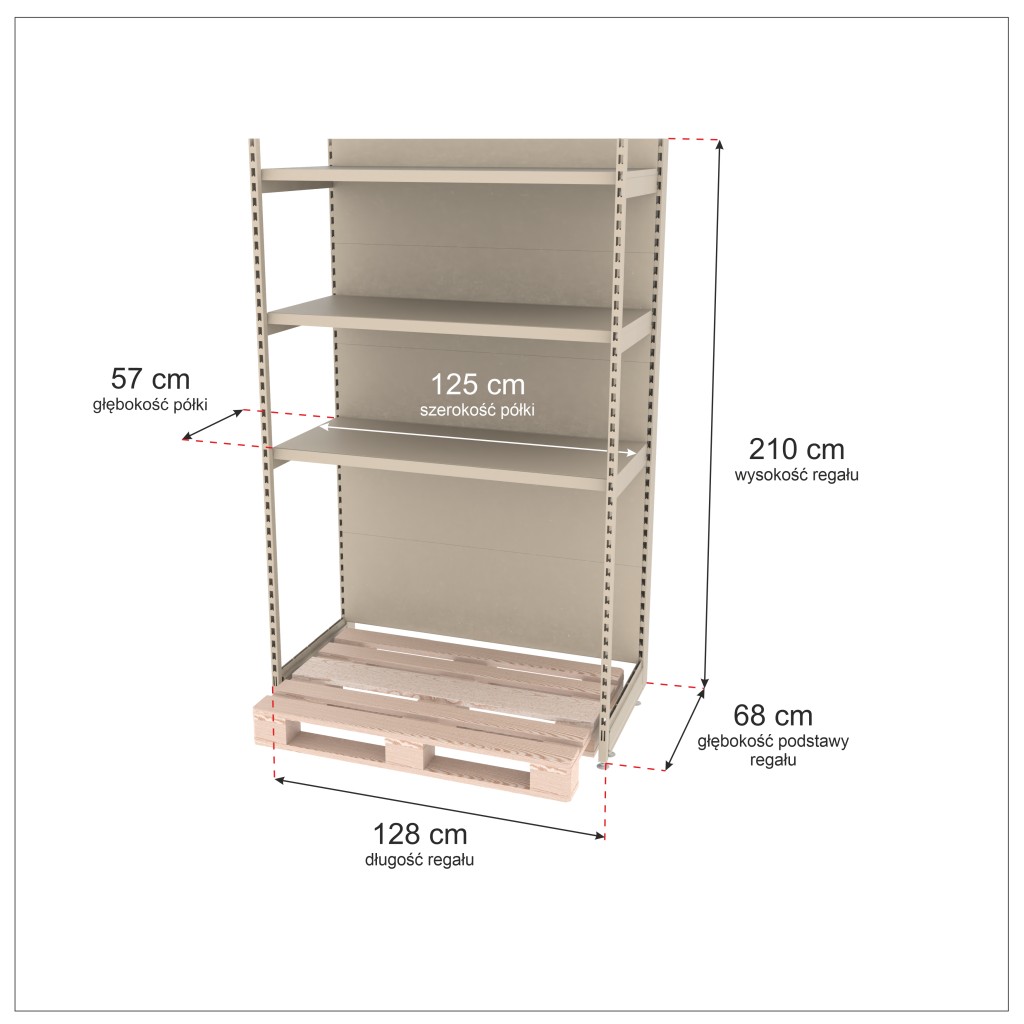 Regał sklepowy wzmocniony przyścienny do palety Mago H-210 cm L-128 cm G-68 cm moduł bazowy kremowy MPP001061