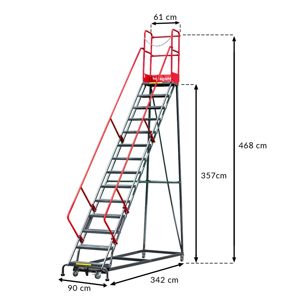 Drabina magazynowa przejezdna pomost magazynowy Mega-M Standard H 357 cm 14 stopni wymiarowanie