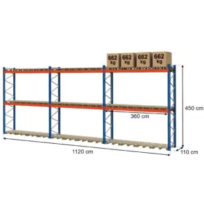 Regał magazynowy paletowy MECALUX 0+2 H-450 cm L-1120 cm, 2650 kg nośność na parę trawersów