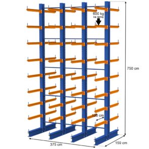 Regał wspornikowy dwustronny MECALUX 0+8 H-750 cm L-375 cm nośność na ramię 600 kg 4 moduły