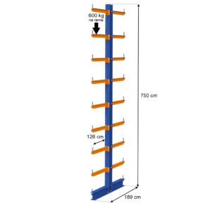 Regał wspornikowy dwustronny MECALUX 0+8 H-750 cm nośność na ramię 600 kg 1 moduł