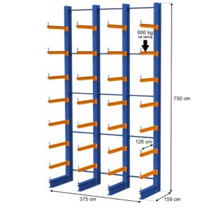 Regał wspornikowy jednostronny MECALUX 0+7 H-750 cm L-375 cm nośność na ramię 600 kg 4 moduły