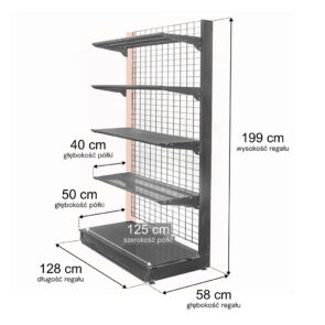 Zdjęcie produktu: Regał sklepowy WANZL (wire tech100) przyścienny H-199 cm L-128 cm 4 półki tył kratowany moduł dostawny