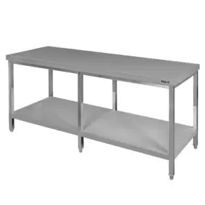 Stół gastronomiczny ze stali nierdzewnej centralny z półką i 6 nogami Mega-M 180x70x85 cm