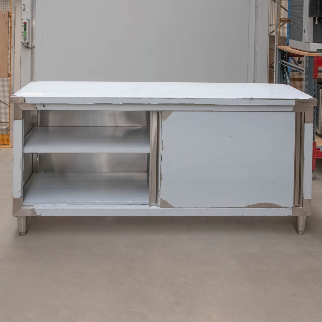 Stół gastronomiczny ze stali nierdzewnej centralny z szafką Mega-M 180x60x85 cm pogięty MTP005889