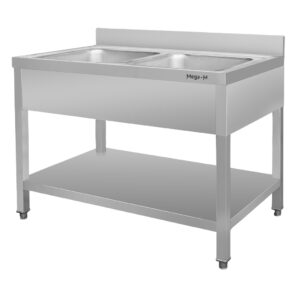 Zlew gastronomiczny dwukomorowy z maskownicą i półką Mega-M 120x60x85 cm stal nierdzewna