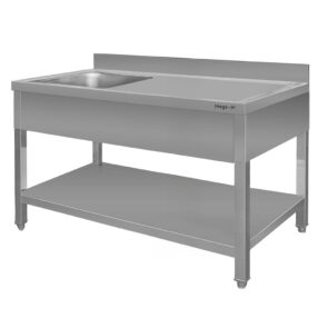Zlew gastronomiczny z komorą po lewej stronie z maskownicą i półką Mega-M 160x60x85 cm stal nierdzewna